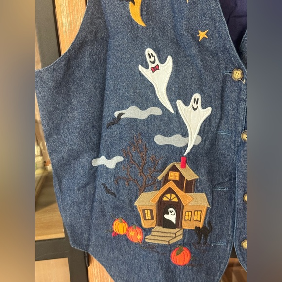 Vintage 90s Halloween vest denim chambray appliqué embroidered ghosts pumpkins - Picture 6 of 7